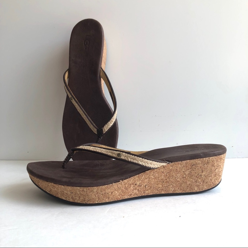 UGG Leather Cork Wedge Flip Flop Sandals